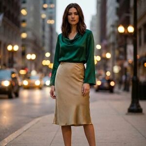 Valentino Beige Gold Silk Zip Knee Length Pencil Trumpet Skirt Size IT 38